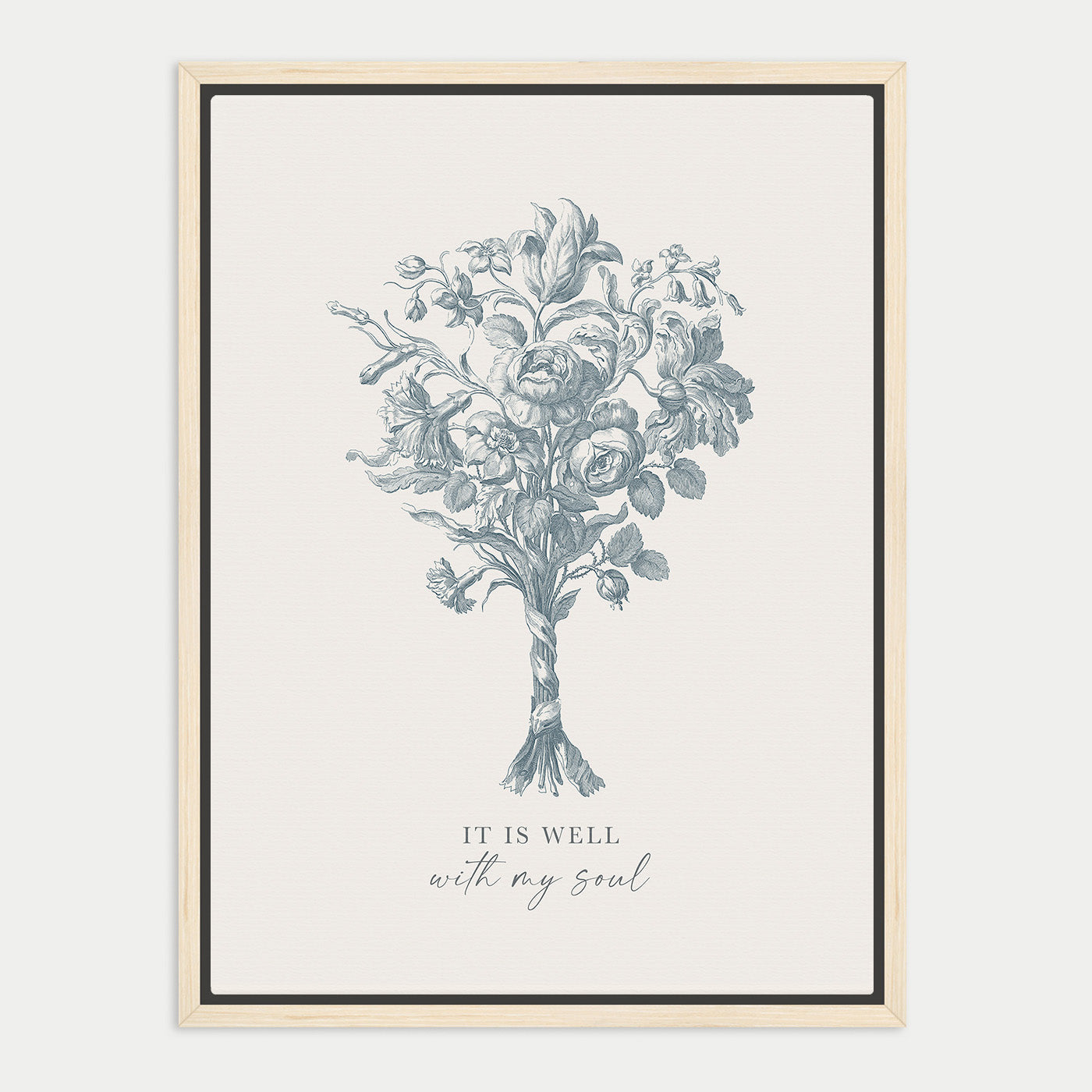 The image is a framed print featuring a detailed illustration of a flower bouquet with the text "IT IS WELL with my soul" below it.