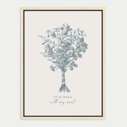 The image is a framed print featuring a detailed illustration of a flower bouquet with the text "IT IS WELL with my soul" below it.