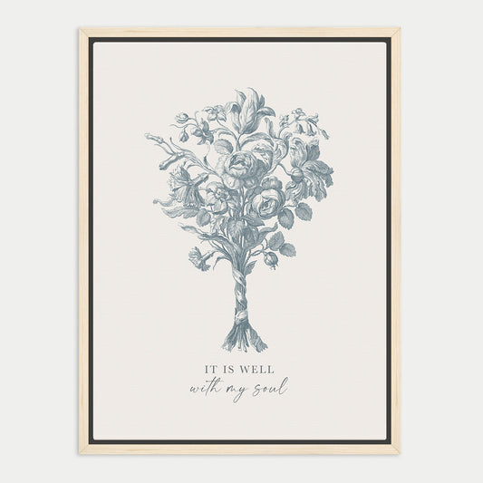 The image is a framed print featuring a detailed illustration of a flower bouquet with the text "IT IS WELL with my soul" below it.