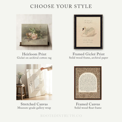 The image is a collage of five different print options, including a paper print, framed paper print, rolled canvas print, stretched canvas print, and framed canvas print. Each print option has a unique design and presentation, showcasing various styles and materials.