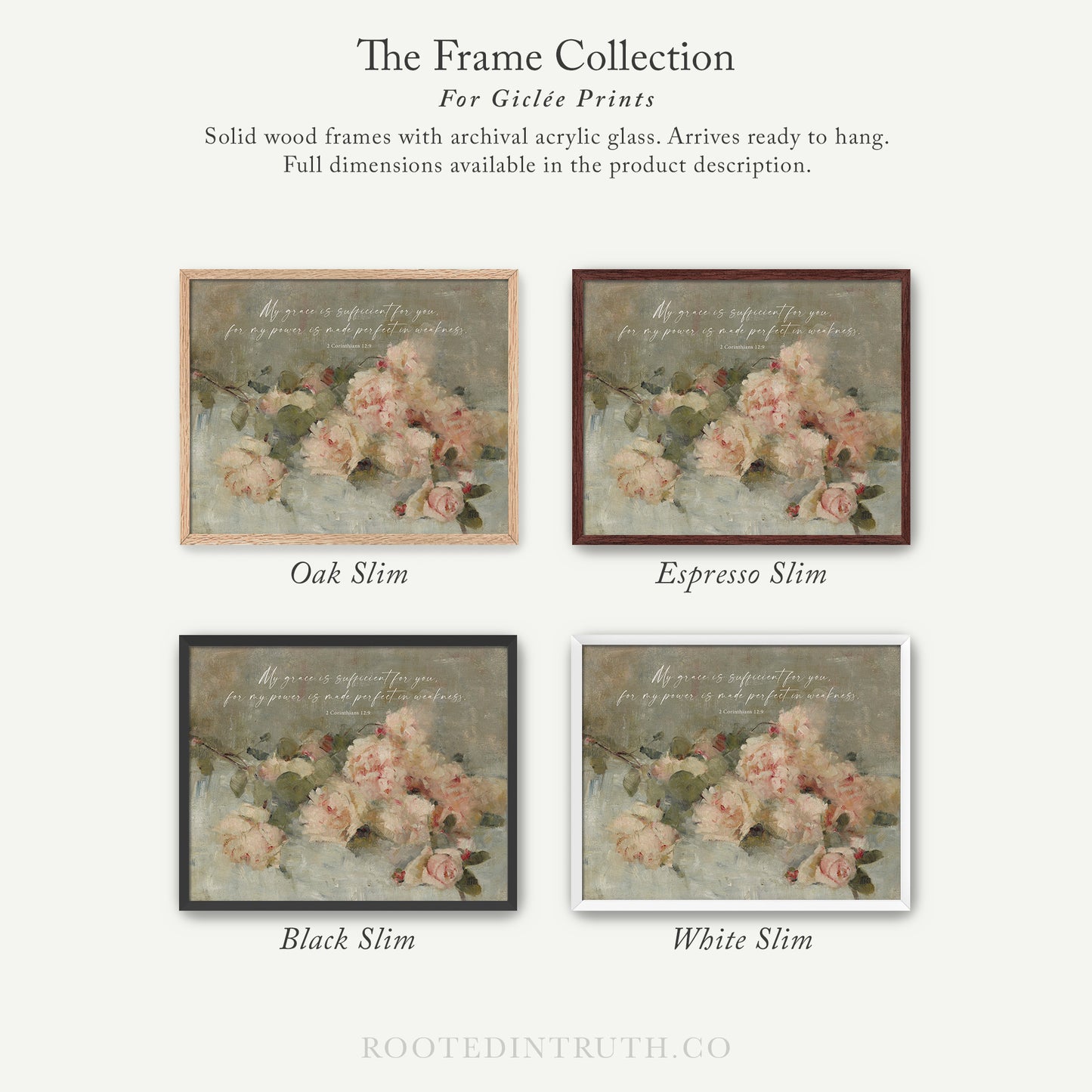The image is a collection of four framed prints, each with a different color and frame style, showcasing the variety of options available for purchasing or displaying artwork.