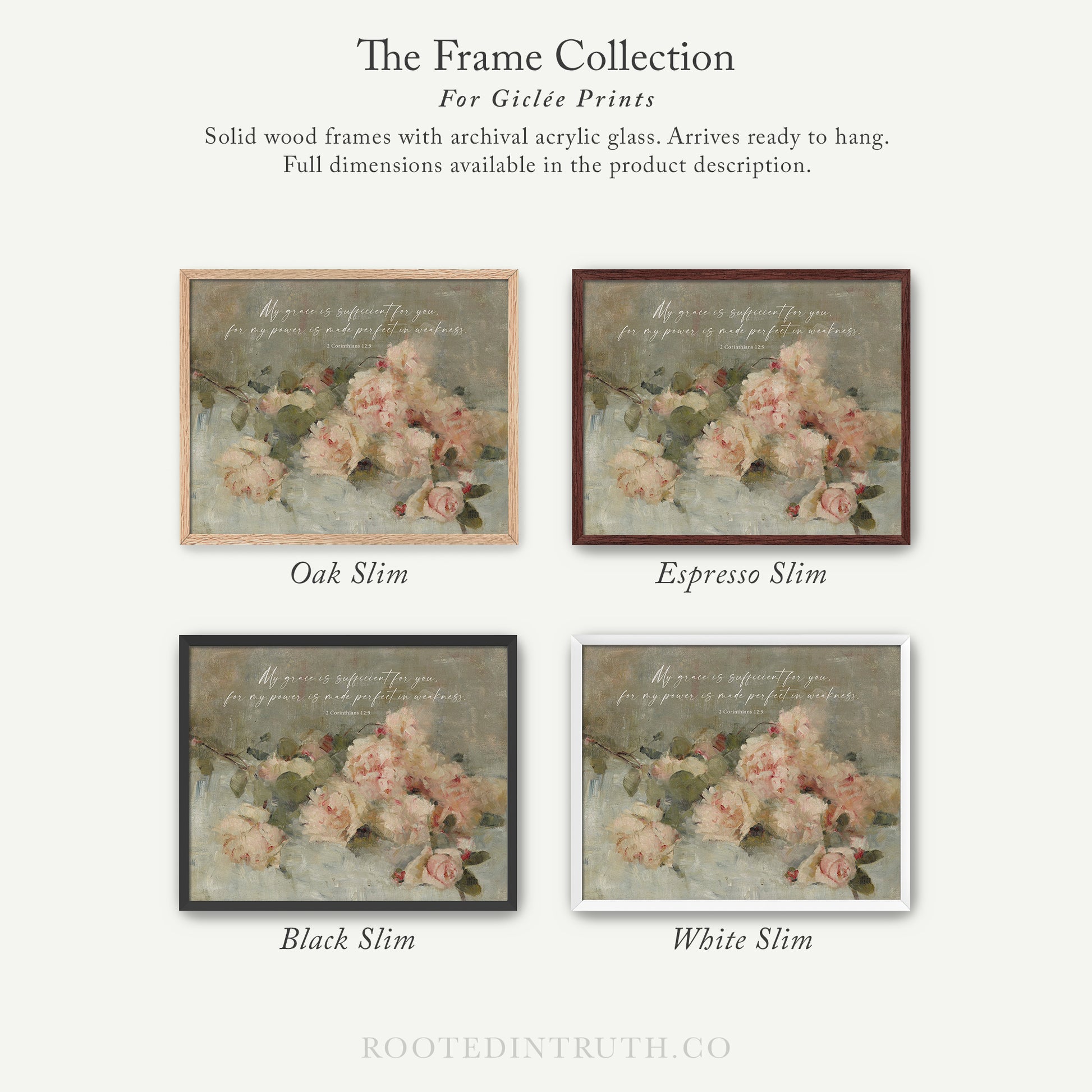 The image is a collection of four framed prints, each with a different color and frame style, showcasing the variety of options available for purchasing or displaying artwork.