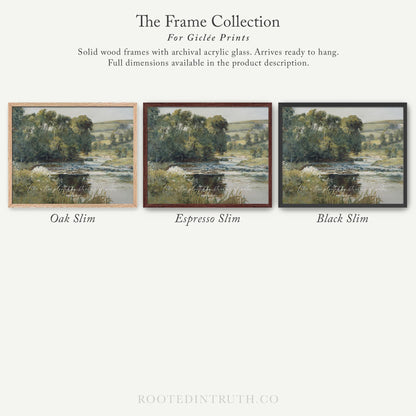 The image is a collection of three framed prints, each depicting a different landscape scene. The prints are solid wood frames with archival acrylic glass, which are ready to hang and provide full dimensions in the product description.