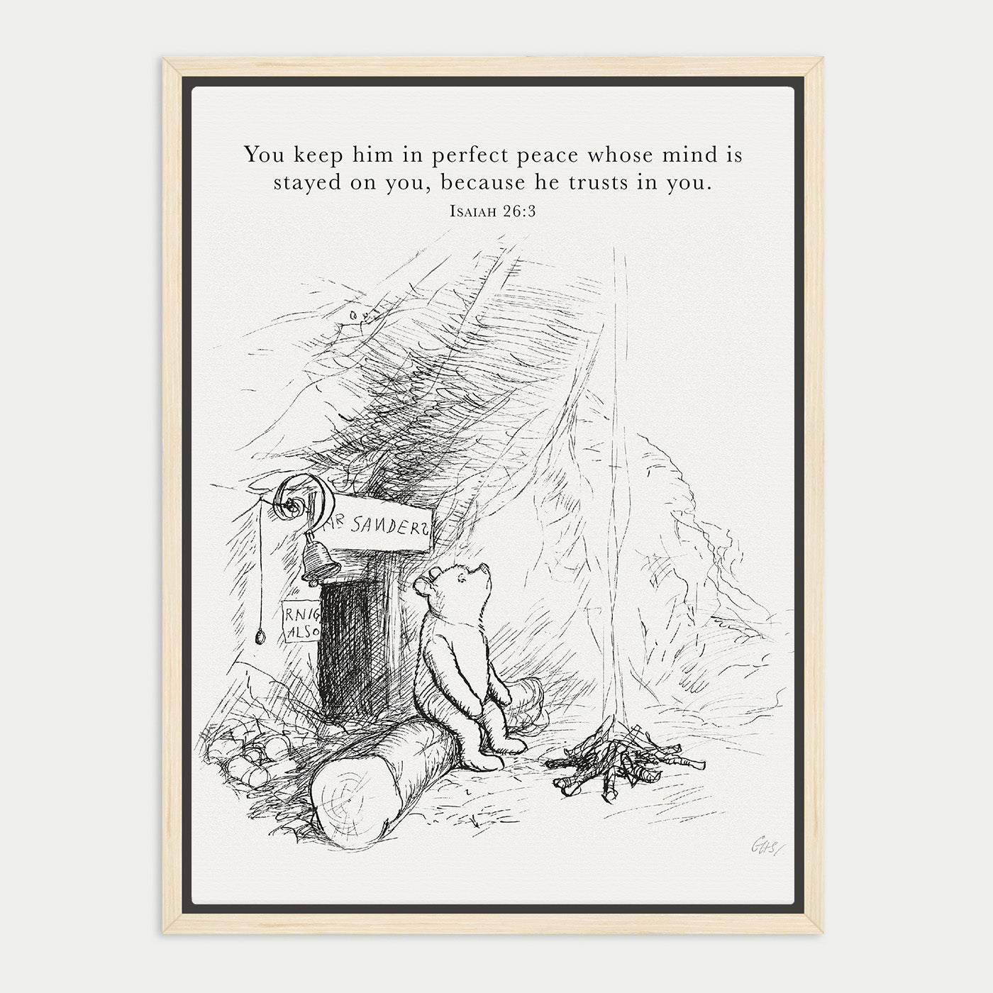 A black and white illustration of a bear sitting on a log, looking up at a sign that says "SANDER" and a small cabin in the background.