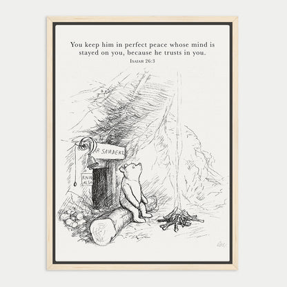 A black and white illustration of a bear sitting on a log, looking up at a sign that says "SANDER" and a small cabin in the background.