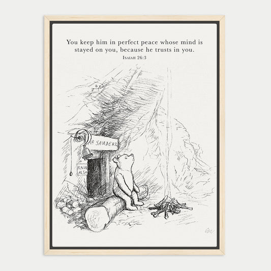 A black and white illustration of a bear sitting on a log, looking up at a sign that says "SANDER" and a small cabin in the background.