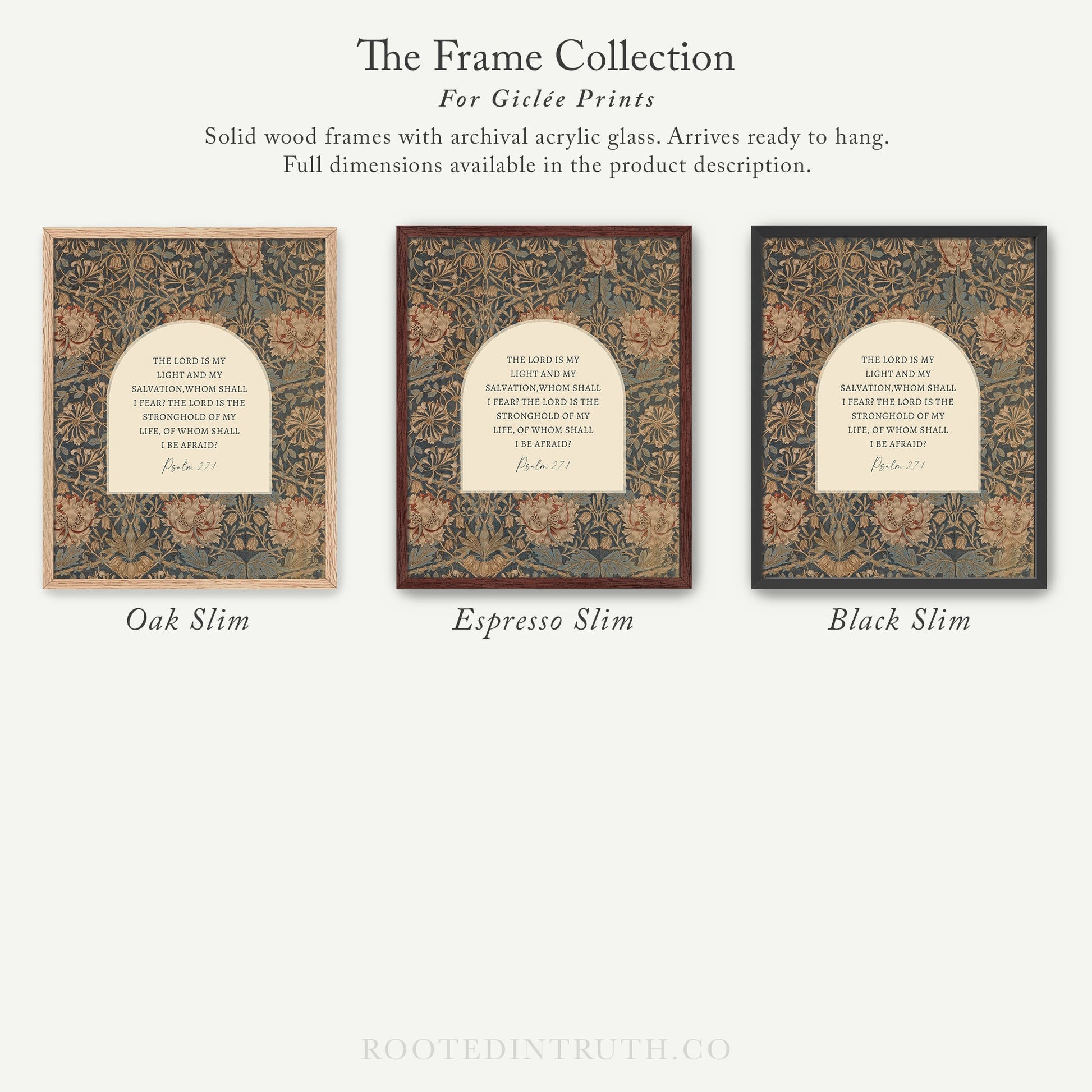 The image is a collection of three framed prints, each with a different color and design, arranged in a row.