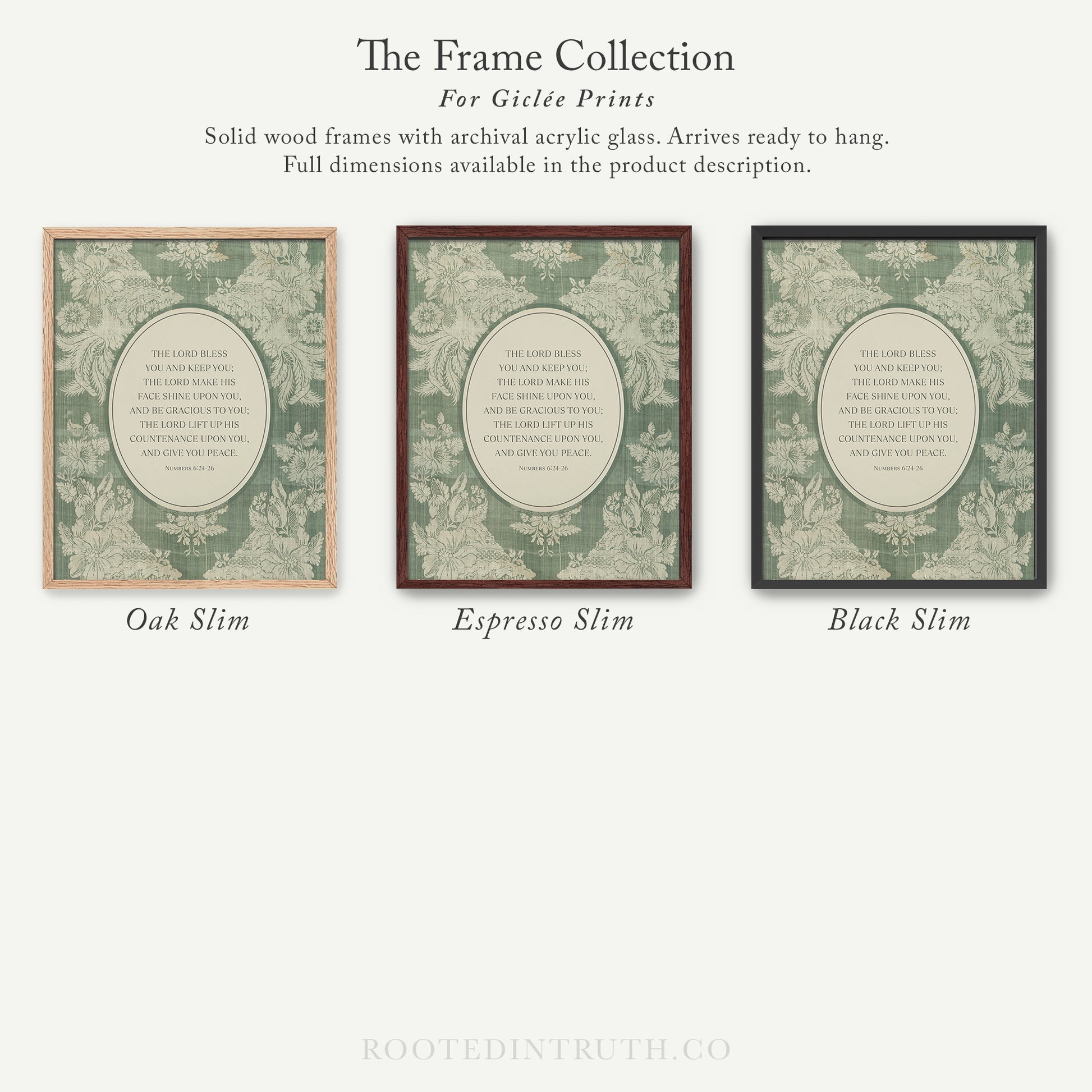 The image is a collection of three framed prints, each with a different color and design, arranged in a row. The text describes the frames and their features, such as being solid wood frames with archival acrylic glass that arrive ready to hang and having full dimensions available in the product description.