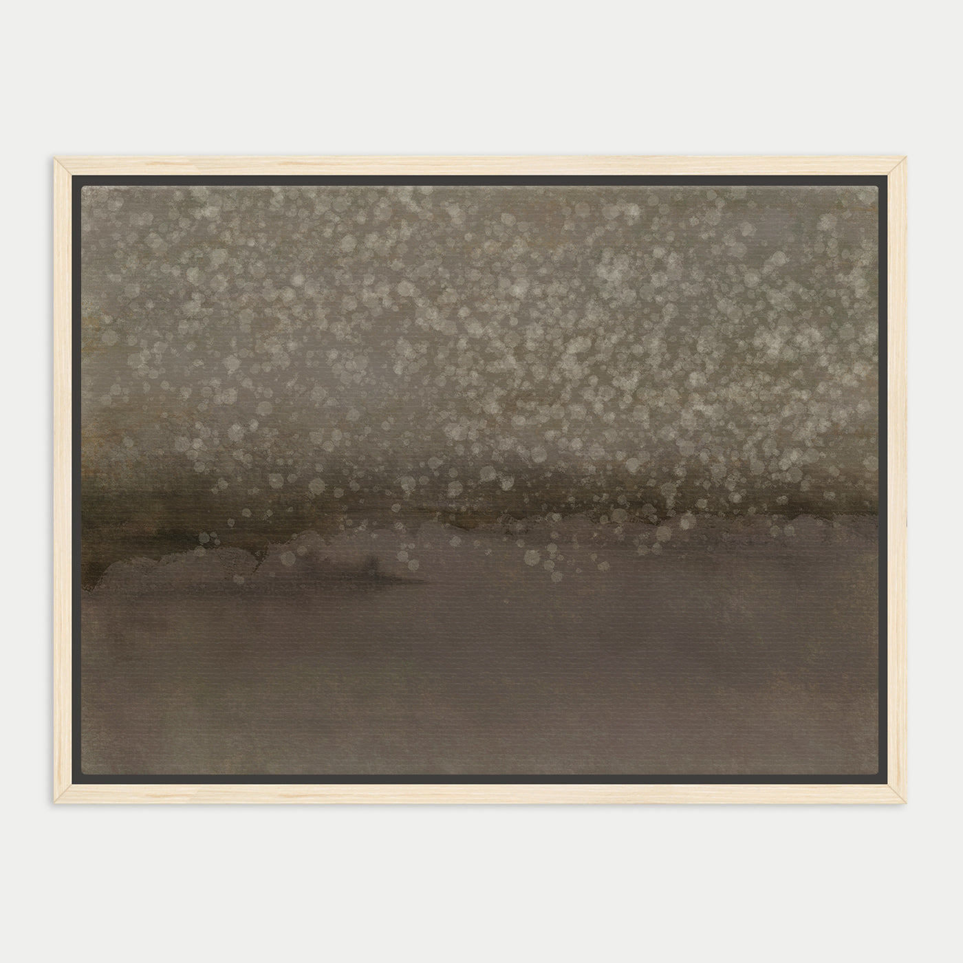 The image is a framed painting depicting a landscape with a hazy, gray background and scattered white dots, creating a sense of movement and depth.