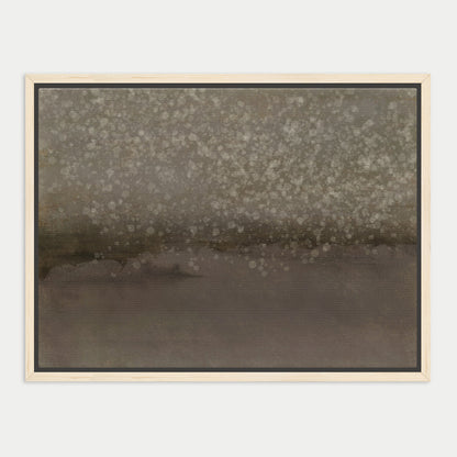 The image is a framed painting depicting a landscape with a hazy, gray background and scattered white dots, creating a sense of movement and depth.