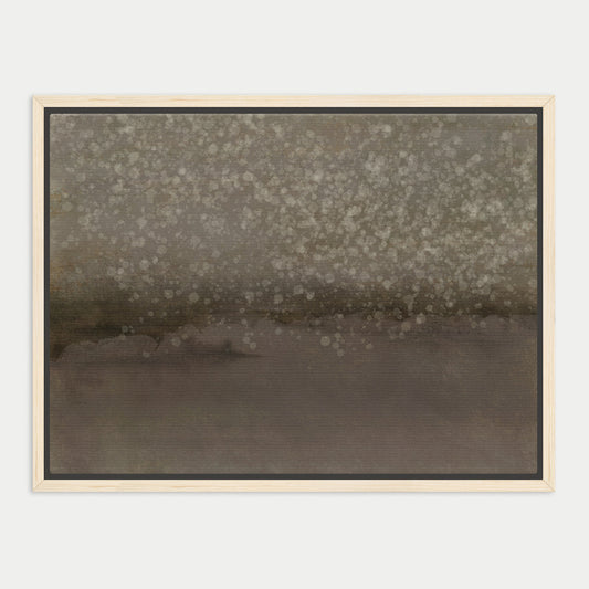 The image is a framed painting depicting a landscape with a hazy, gray background and scattered white dots, creating a sense of movement and depth.
