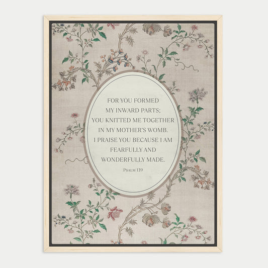 The image is a framed print featuring a floral pattern and a Bible verse from Psalm 139.