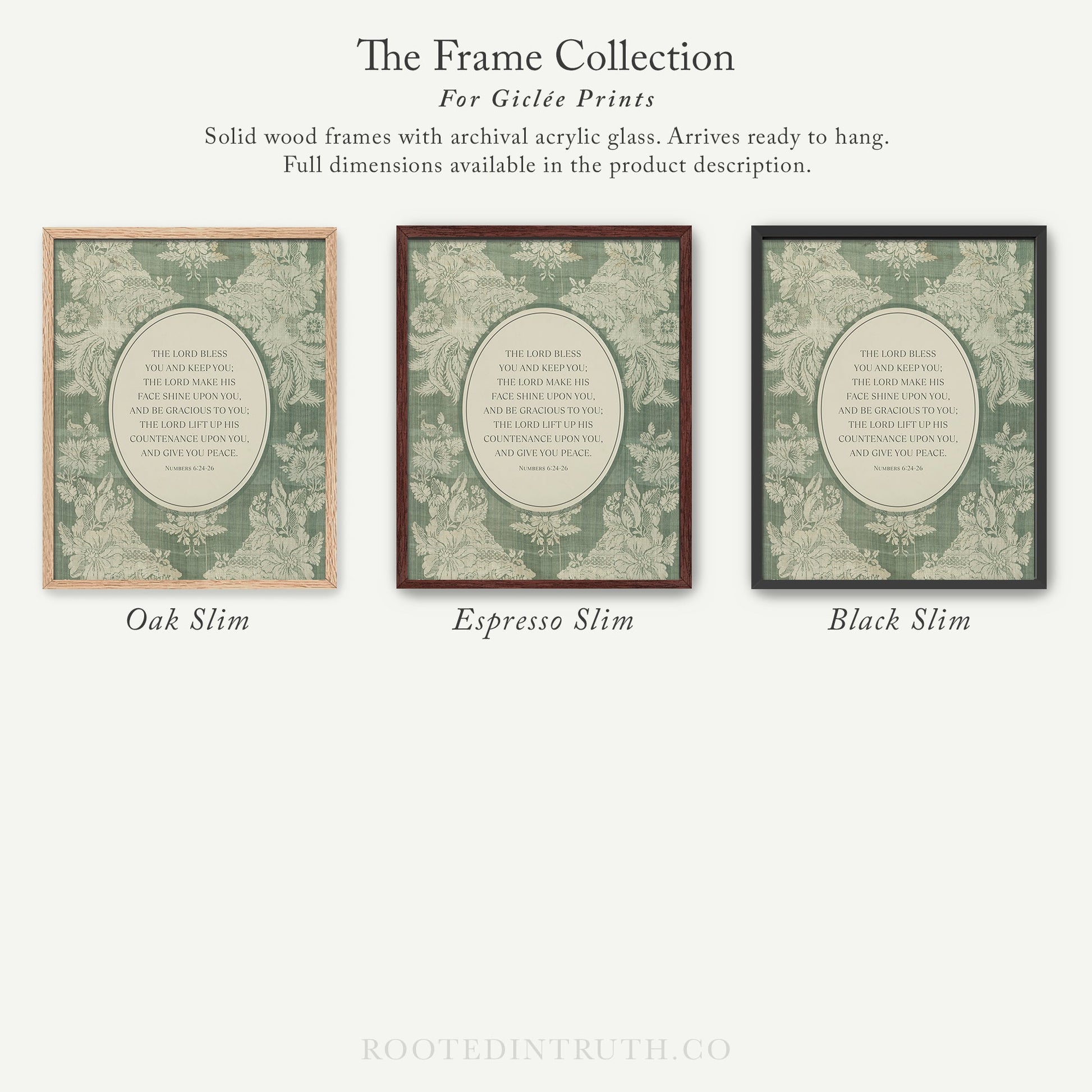 The image is a collection of three framed prints, each with a different color and design, arranged in a row. The text describes the frames and their features, such as being solid wood frames with archival acrylic glass that arrive ready to hang and having full dimensions available in the product description.