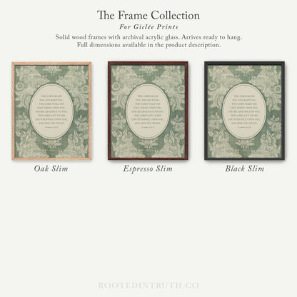 The image is a collection of three framed prints, each with a different color and design, arranged in a row. The text describes the frames and their features, such as being solid wood frames with archival acrylic glass that arrive ready to hang and having full dimensions available in the product description.
