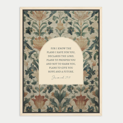 The image is a framed print featuring a floral pattern with a quote from the Bible verse Jeremiah 29:11.