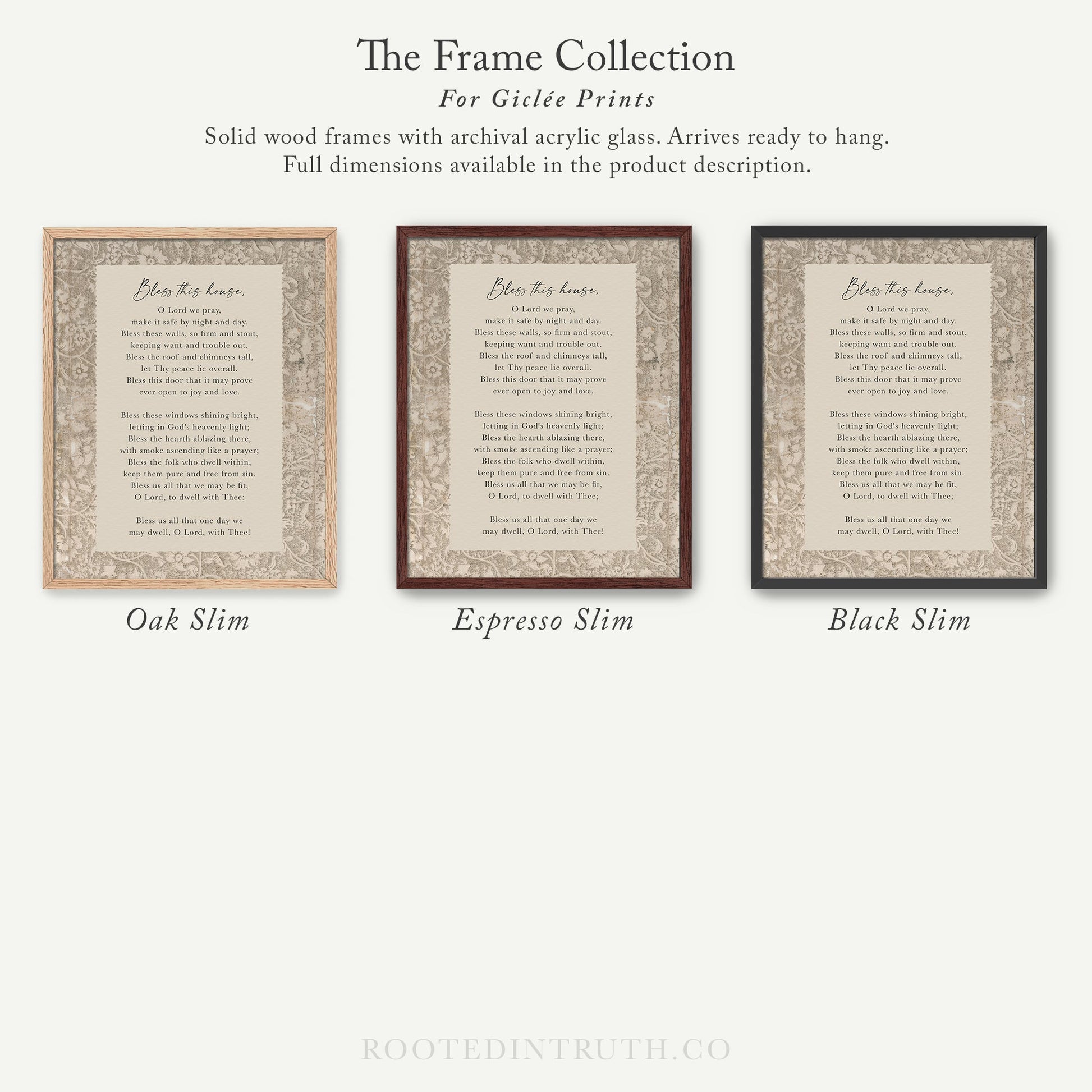 The image is a collection of three framed prints, each with a different frame color and design, showcasing the variety of options available for the "The Frame Collection for Girte Prints".