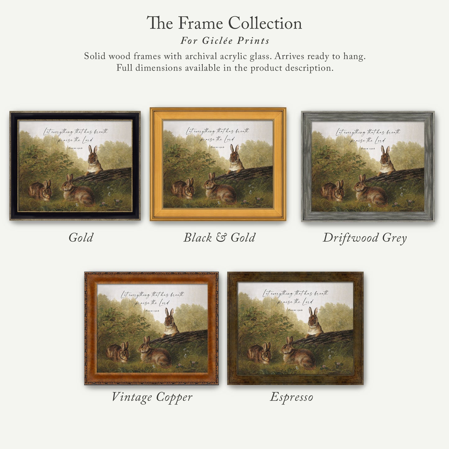 The image is a collection of five framed prints featuring rabbits in various wood finishes, including gold, black and gold, driftwood grey, vintage copper, and espresso.