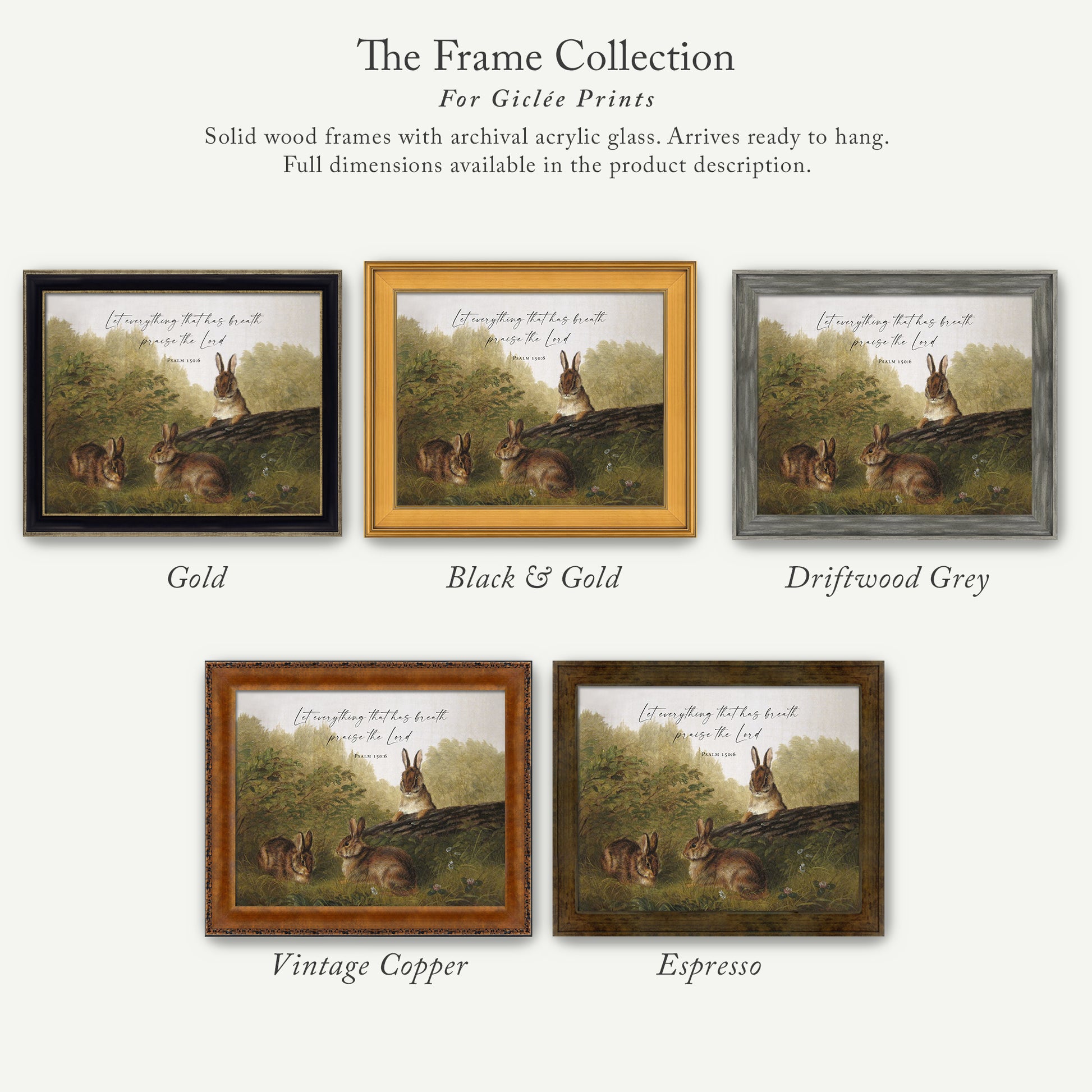The image is a collection of five framed prints featuring rabbits in various wood finishes, including gold, black and gold, driftwood grey, vintage copper, and espresso.