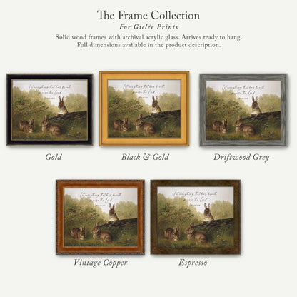 The image is a collection of five framed prints featuring rabbits in various wood finishes, including gold, black and gold, driftwood grey, vintage copper, and espresso.