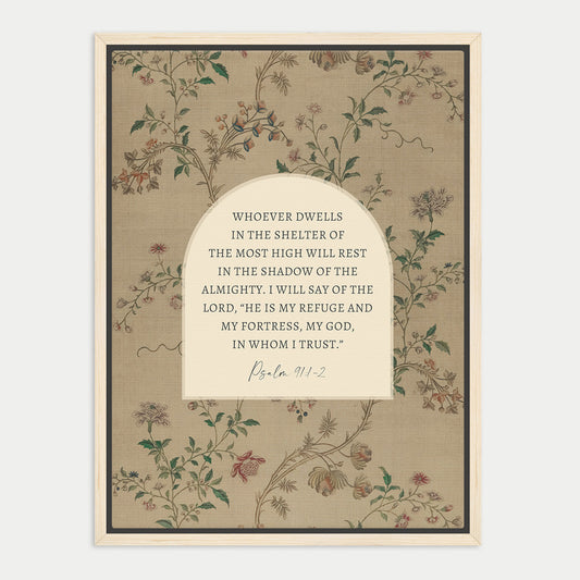 The image is a framed print featuring a floral pattern and a Bible verse from Psalm 11:2.