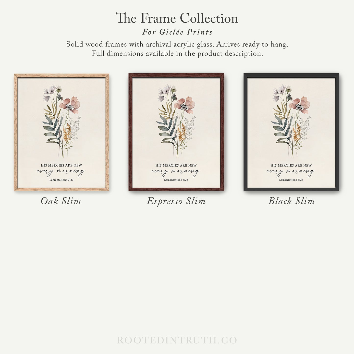 The image is a collection of three framed prints, each with a different floral design and color scheme. The text above the prints reads "The Frame Collection For Girlette Prints".