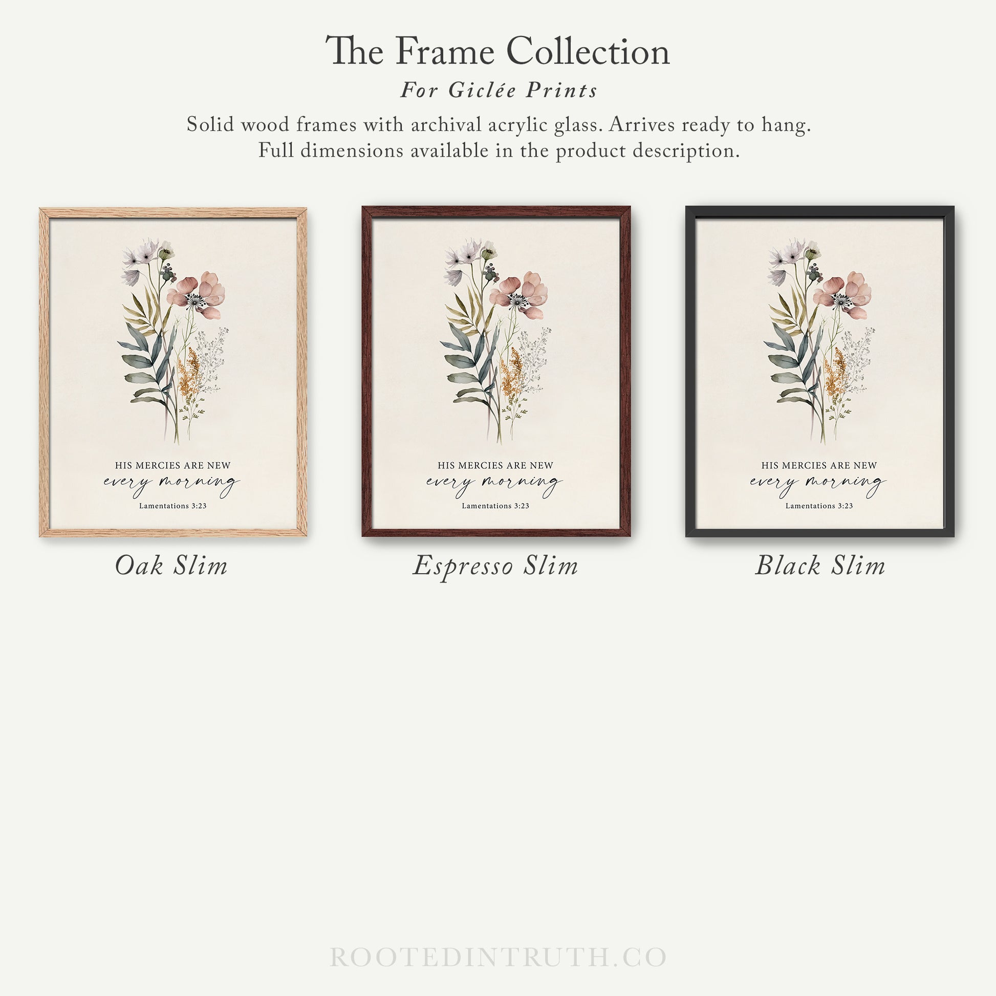 The image is a collection of three framed prints, each with a different floral design and color scheme. The text above the prints reads "The Frame Collection For Girlette Prints".