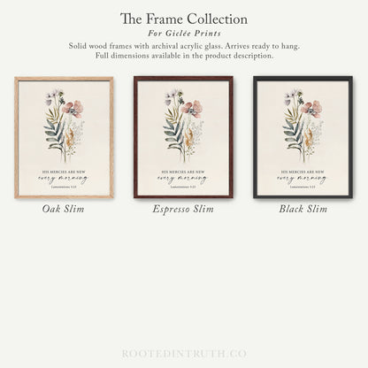 The image is a collection of three framed prints, each with a different floral design and color scheme. The text above the prints reads "The Frame Collection For Girlette Prints".