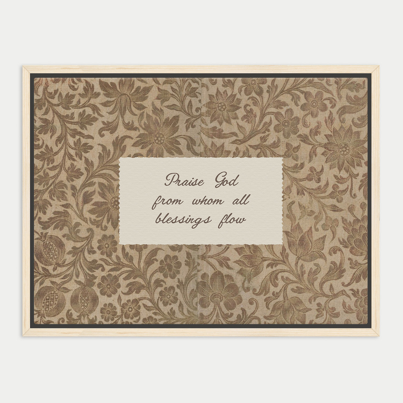 a framed print with a floral pattern and a handwritten message on a white background.