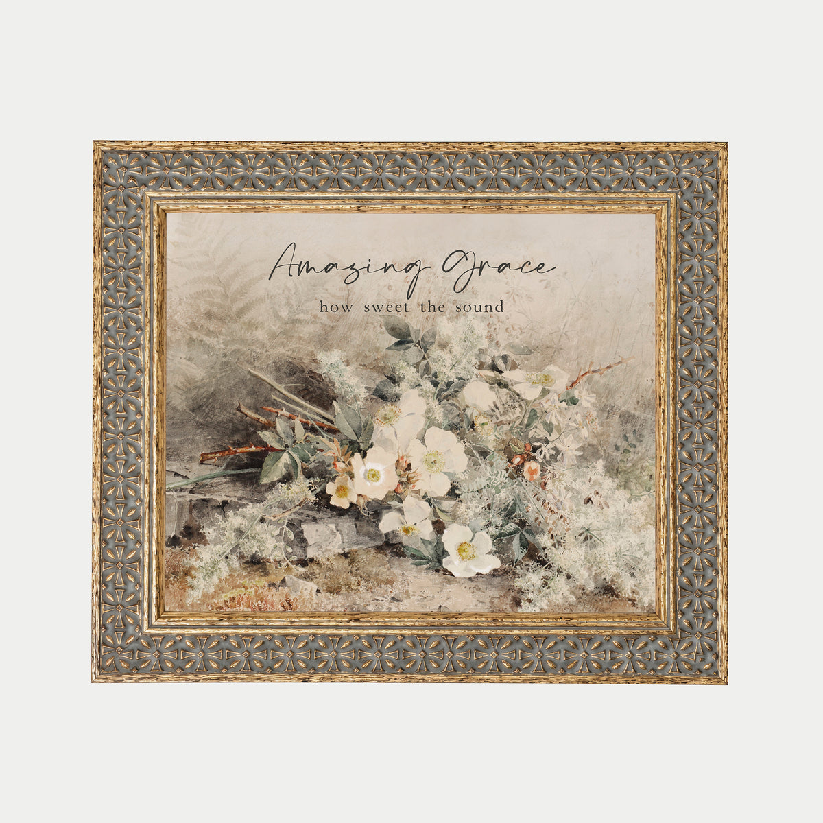 The image is a framed painting depicting a bouquet of white flowers against a natural background.