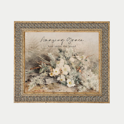 The image is a framed painting depicting a bouquet of white flowers against a natural background.