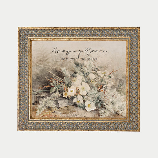 The image is a framed painting depicting a bouquet of white flowers against a natural background.
