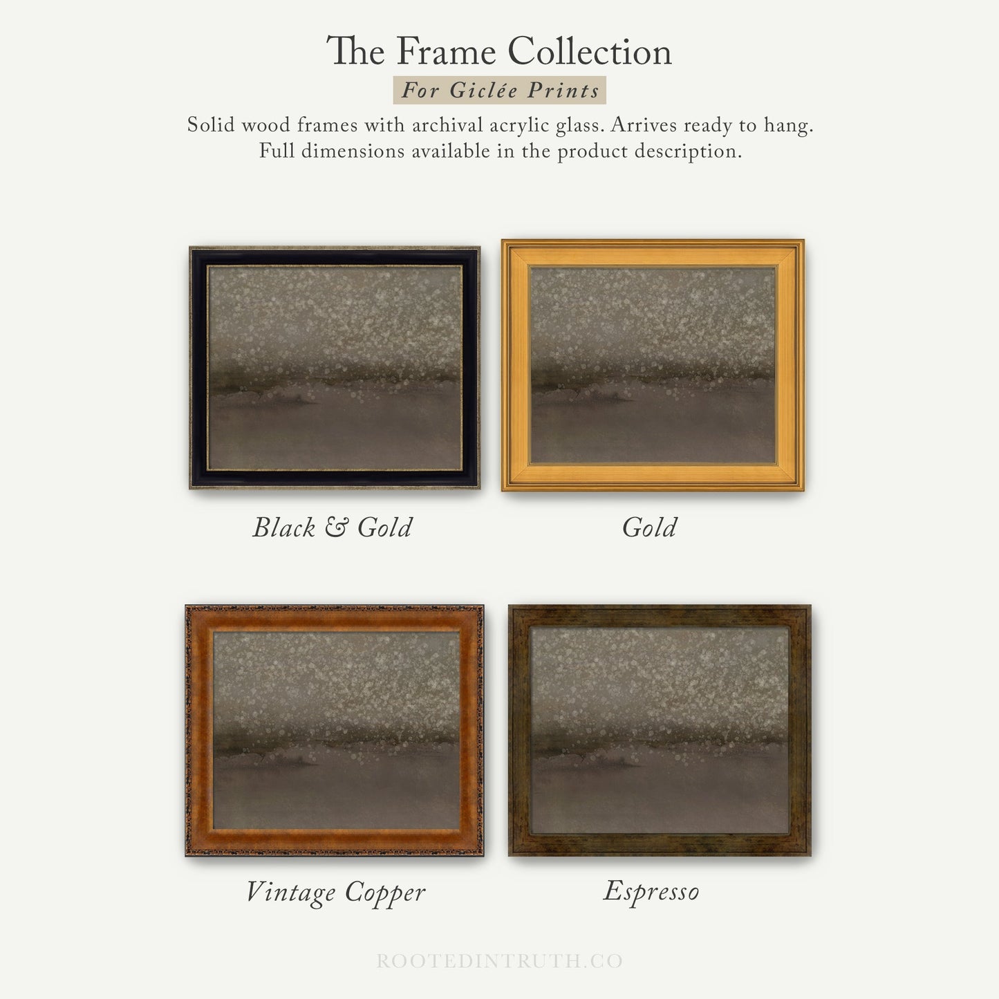 The image is a collection of four framed prints, each with a different color and frame style, showcasing the variety of options available for Giraffe Prints.