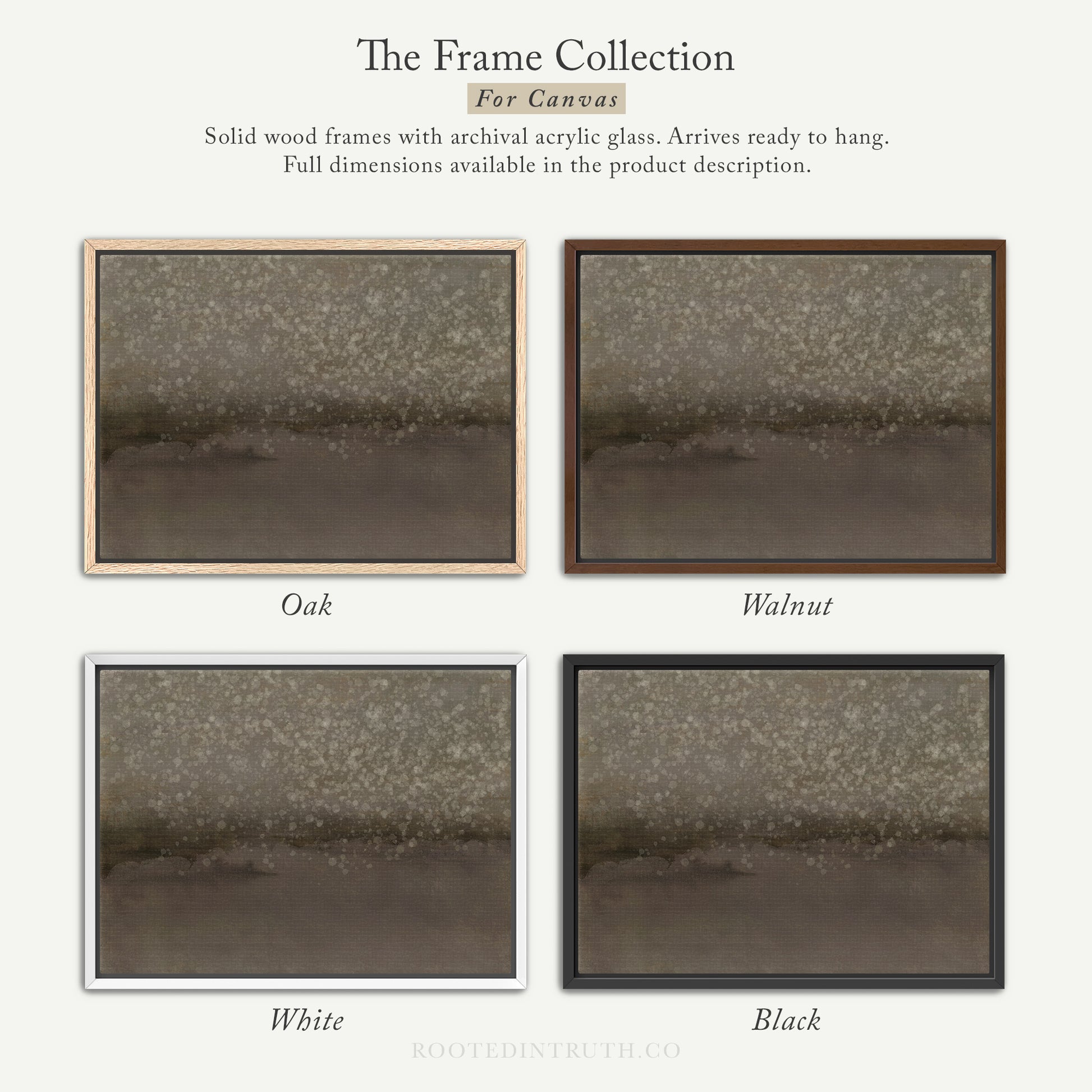 The image is a collage of four different framed artworks, each with a distinct color and frame style. The artworks are titled "The Frame Collection for Canvas" and are described as solid wood frames with archival acrylic glass, arriving ready to hang. The artworks are organized in a way that allows for easy comparison and contrast, with each frame showcasing a different color and frame style.