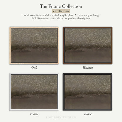 The image is a collage of four different framed artworks, each with a distinct color and frame style. The artworks are titled "The Frame Collection for Canvas" and are described as solid wood frames with archival acrylic glass, arriving ready to hang. The artworks are organized in a way that allows for easy comparison and contrast, with each frame showcasing a different color and frame style.