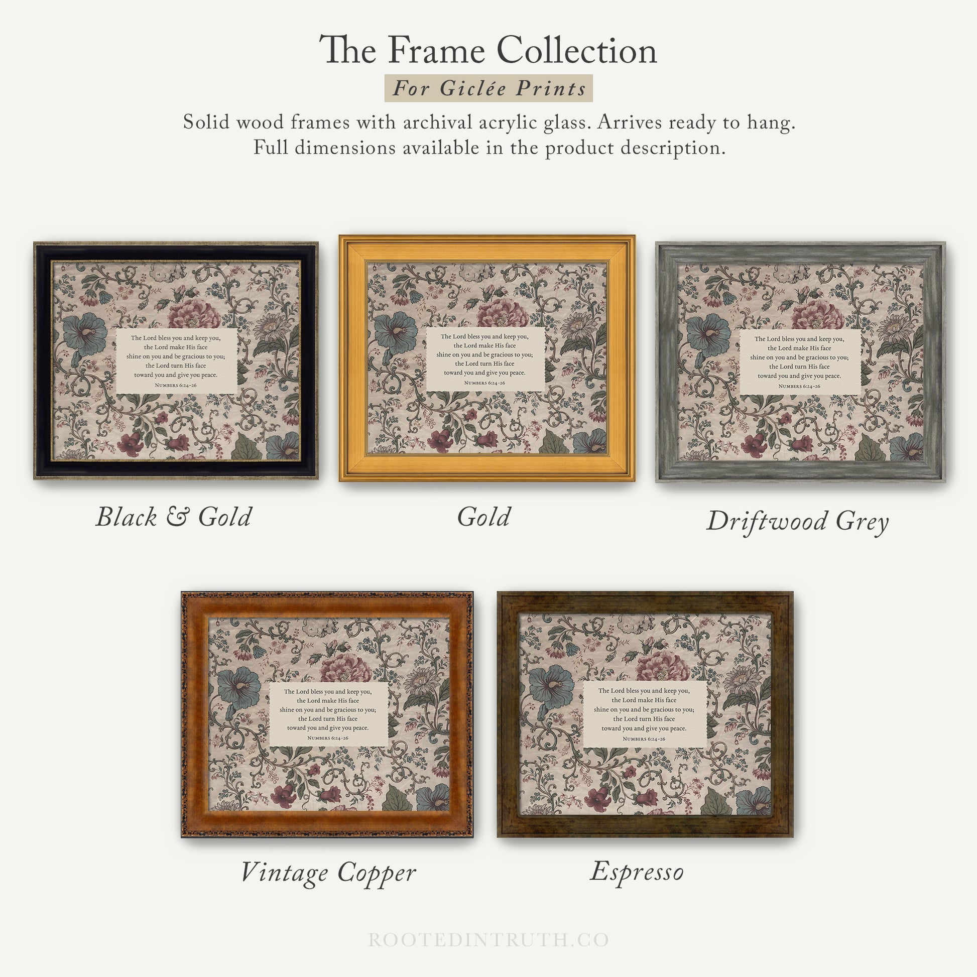 The image is a collection of five framed prints, each with a different color and frame style, showcasing the variety of options available for Girtee Prints.