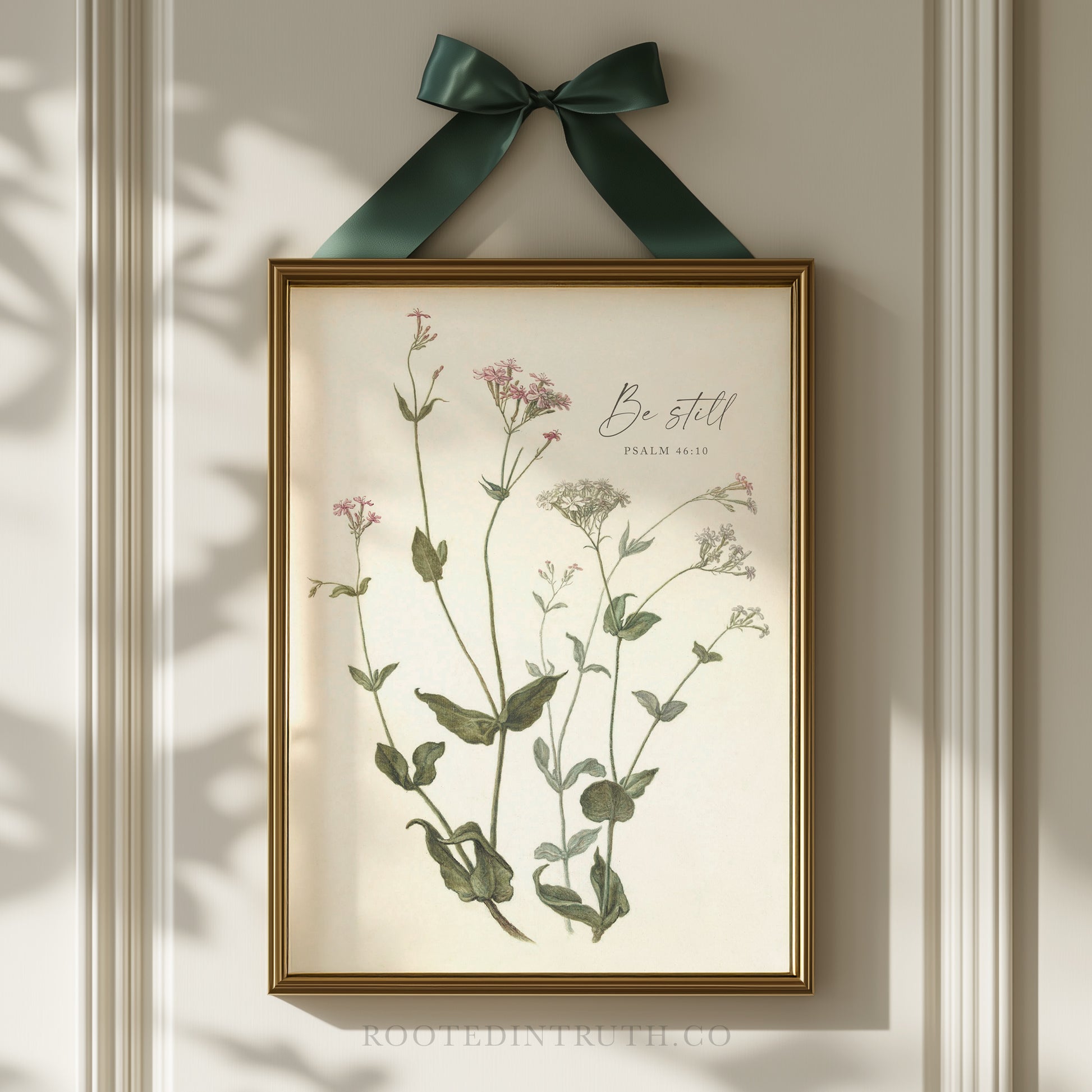 a picture hanging on a wall with a green ribbon
