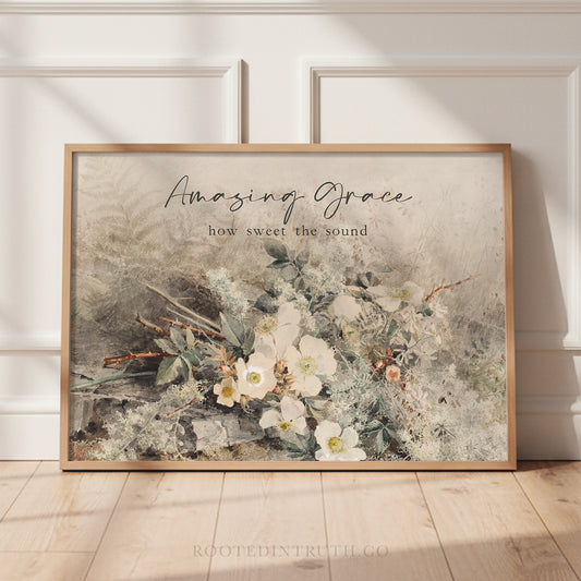 The image is a framed print of a floral arrangement with the text "Amazing Grace" written above it.