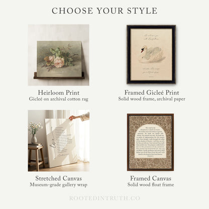 four different artworks and frames, each with unique styles and characteristics. The artworks include a Heirloom Print, astretched Canvas, a framed Giraffe Print, and a framed Canvas. The frames are solid wood frames, and the artworks are displayed on a wall.