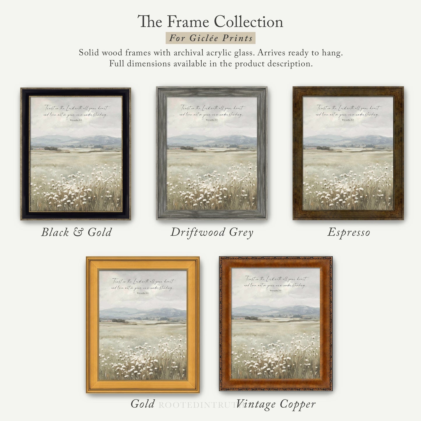 The image is a collage of five framed prints, each with a different color and frame style, showcasing the "The Frame Collection for Girte Prints".