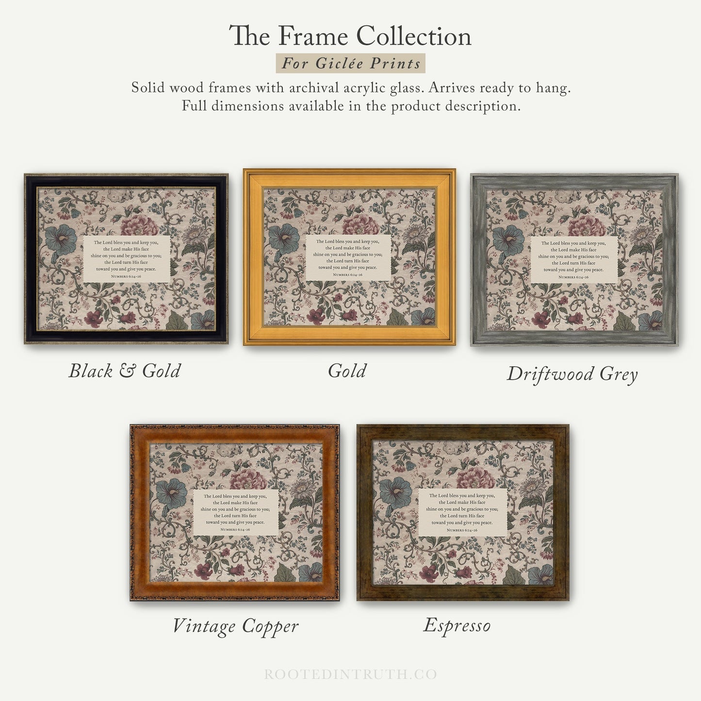 The image is a collection of five framed prints, each with a different color and frame style, showcasing the variety of options available for Girtee Prints.