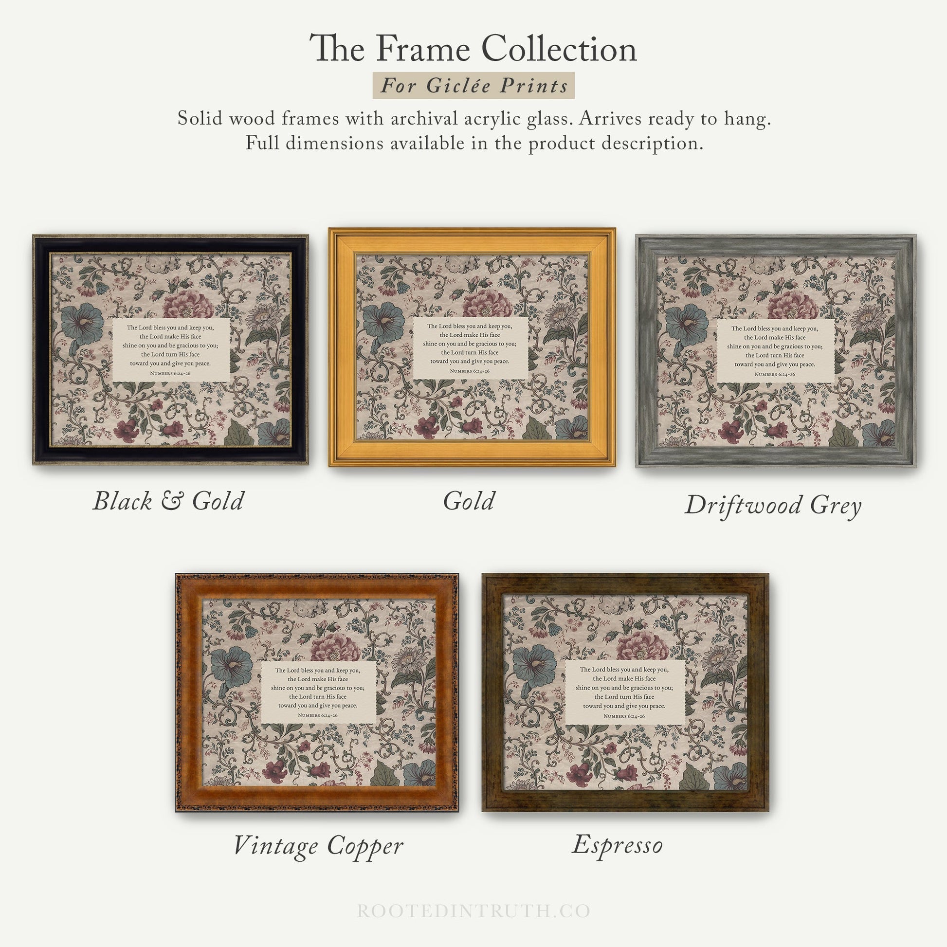 The image is a collection of five framed prints, each with a different color and frame style, showcasing the variety of options available for Girtee Prints.