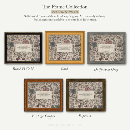 The image is a collection of five framed prints, each with a different color and frame style, showcasing the variety of options available for Girtee Prints.