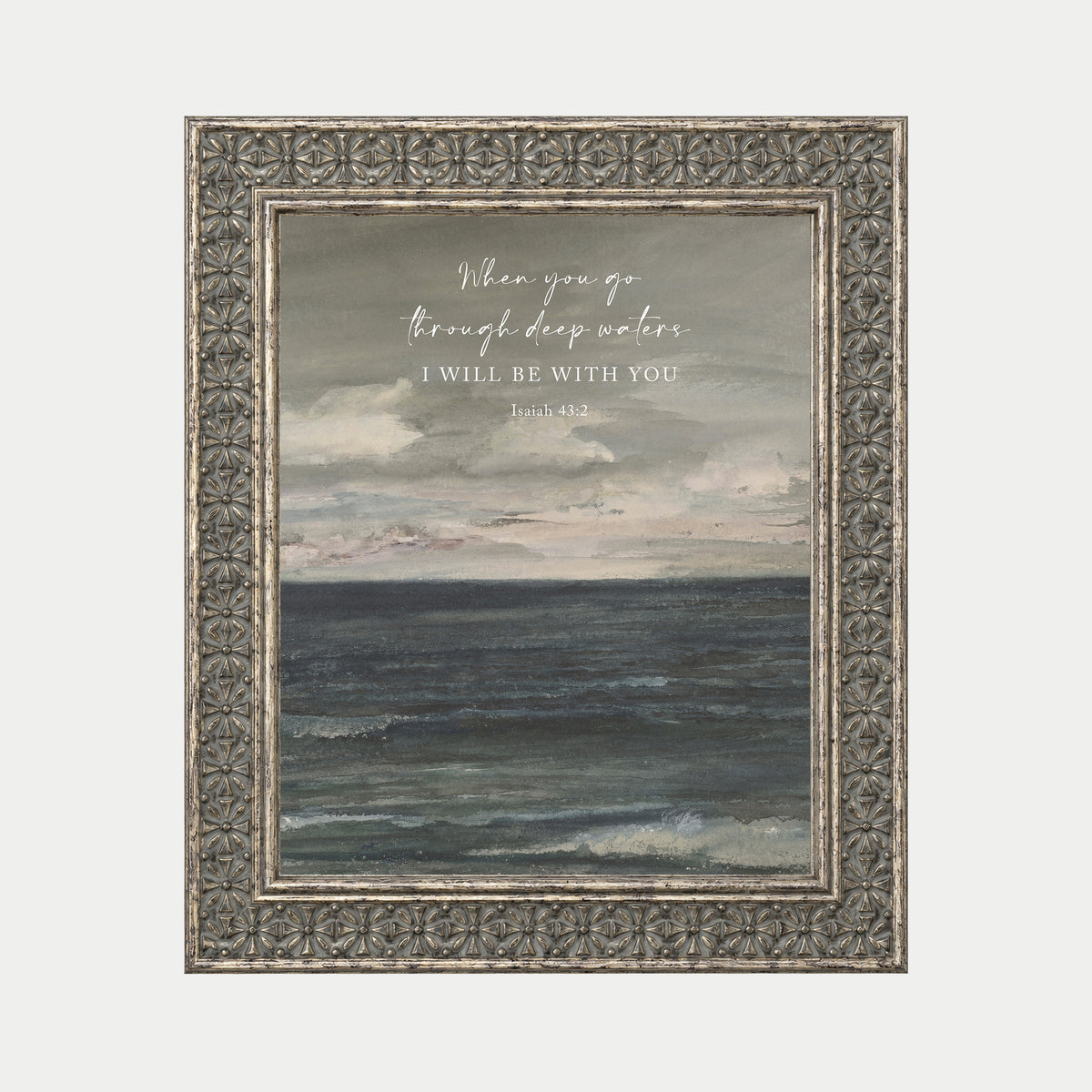 The image is a framed painting depicting a serene ocean scene with a cloudy sky above.