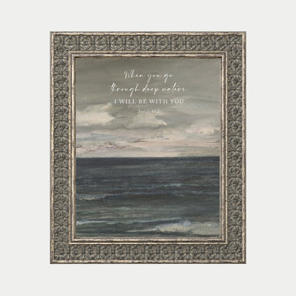 The image is a framed painting depicting a serene ocean scene with a cloudy sky above.
