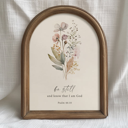 a framed print with a floral design and a Bible verse from Psalm 46:10.
