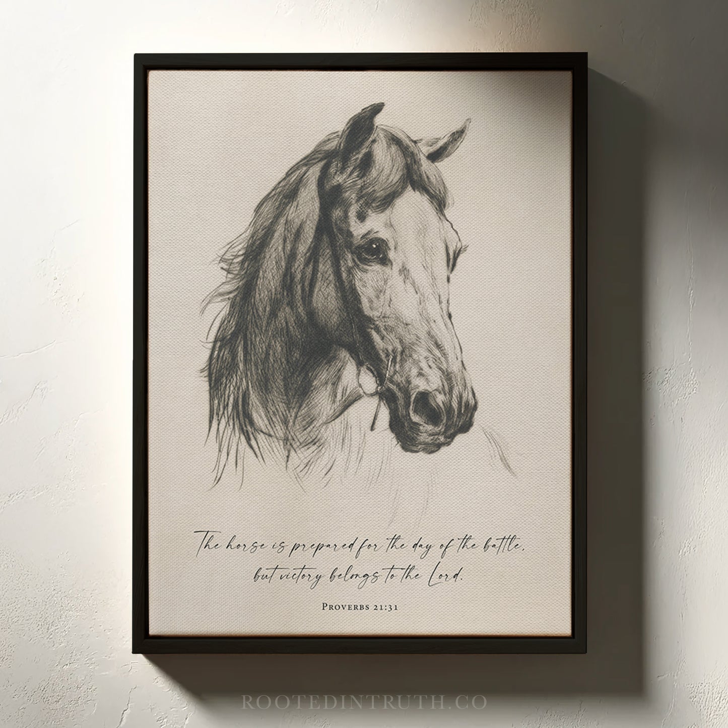 The image is a framed print depicting a detailed black and white illustration of a horse's head, accompanied by a Bible verse from Proverbs 21:31.