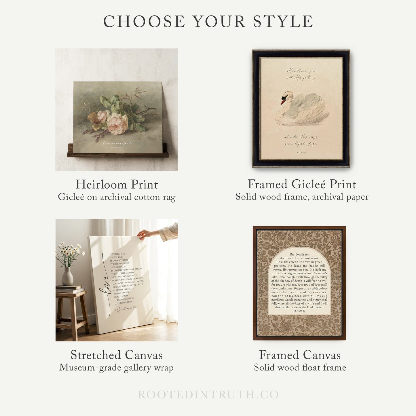 four different artworks and frames, each with unique styles and characteristics. The artworks include a Heirloom Print, astretched Canvas, a framed Giraffe Print, and a framed Canvas. The frames are solid wood frames, and the artworks are displayed on a wall.