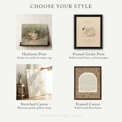 four different artworks and frames, each with unique styles and characteristics. The artworks include a Heirloom Print, astretched Canvas, a framed Giraffe Print, and a framed Canvas. The frames are solid wood frames, and the artworks are displayed on a wall.