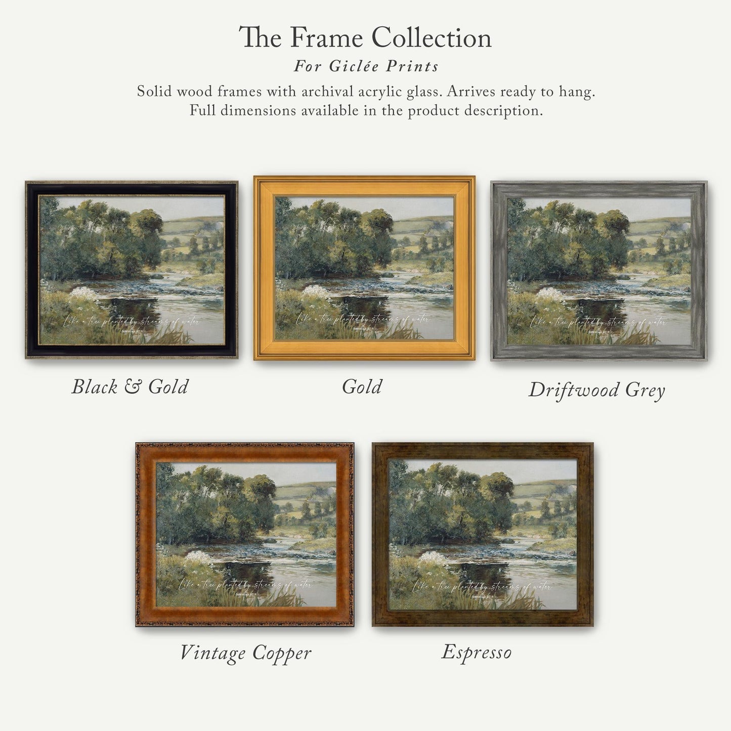 The image is a collage of five framed prints, each depicting a different landscape scene. The frames are solid wood with archival acrylic glass, which allows the prints to be hung and displayed in full dimensions. The frames come in various colors, including black and gold, gold, driftwood grey, vintage copper, and espresso.