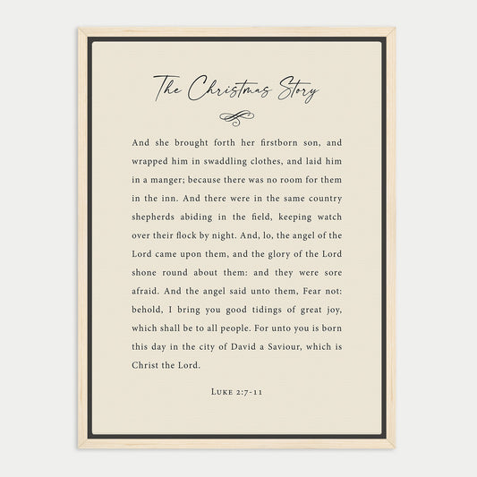 The image is a framed text titled "The Christmas Story" with a black border and white background.